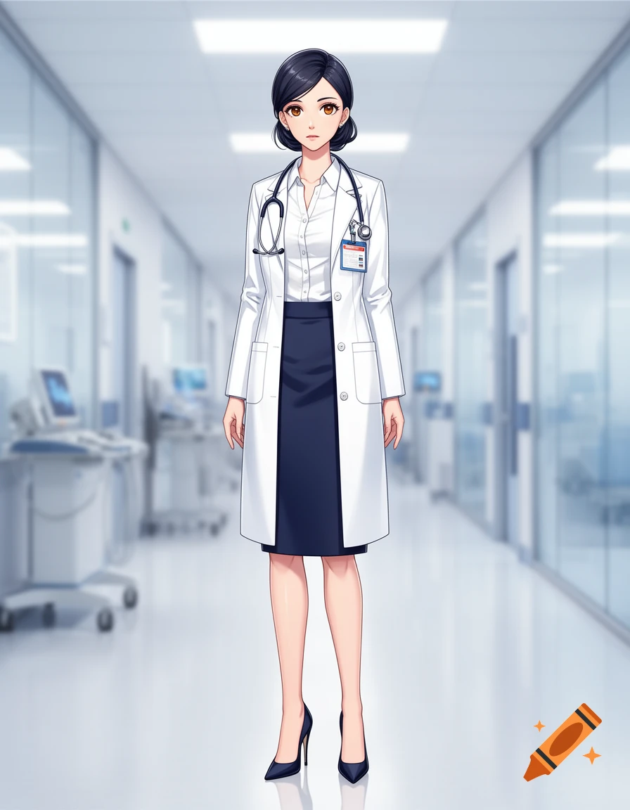 Anime-style female doctor wearing a white coat, stethoscope, and high heels, standing in a hospital hallway.