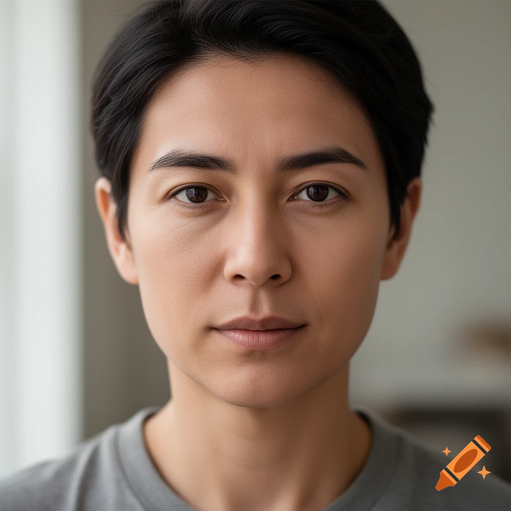 Photorealistic close-up portrait of a person with short black hair and neutral expression.