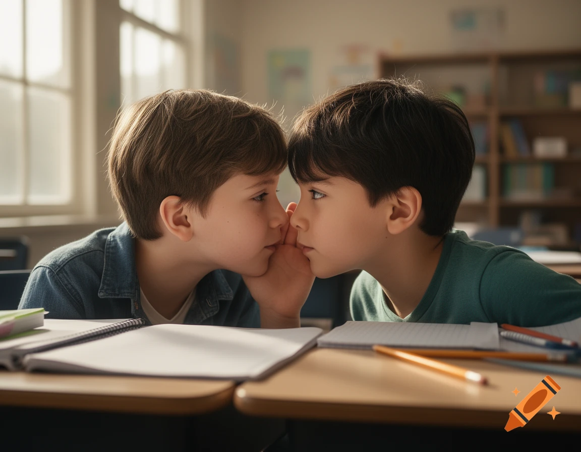 Two young boys whispering secrets to each other across a classroom desk, photorealistic style.