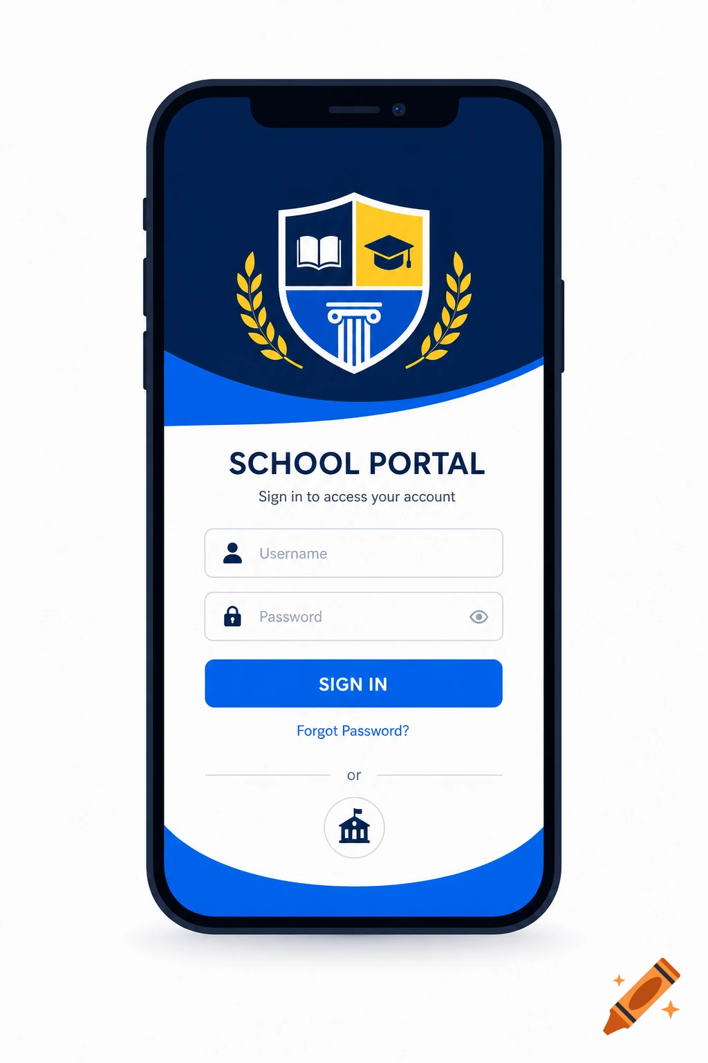 A smartphone displaying a school portal login screen with a shield crest logo and sign in fields.