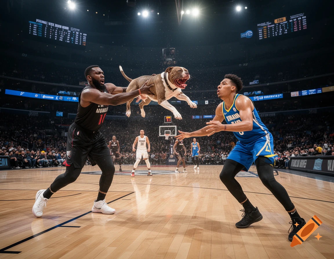 Photorealistic basketball court scene where a player throws a pit bull at another player.