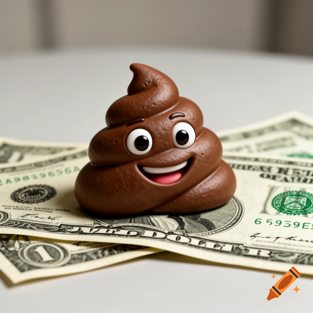 A smiling poop emoji figurine sitting on top of US dollar bills.