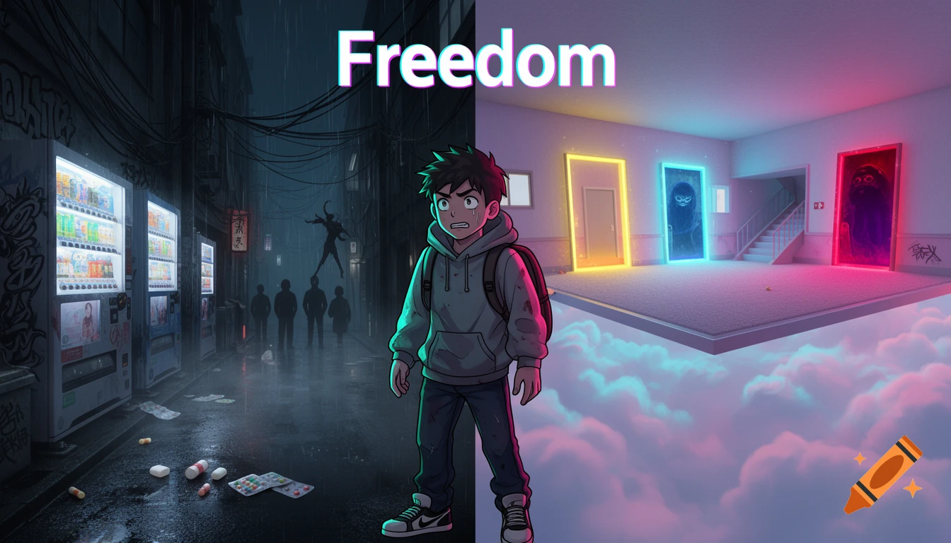 Split view anime illustration showing a dark alleyway on the left and a bright room above clouds with glowing doors on the right, featuring the text Freedom.