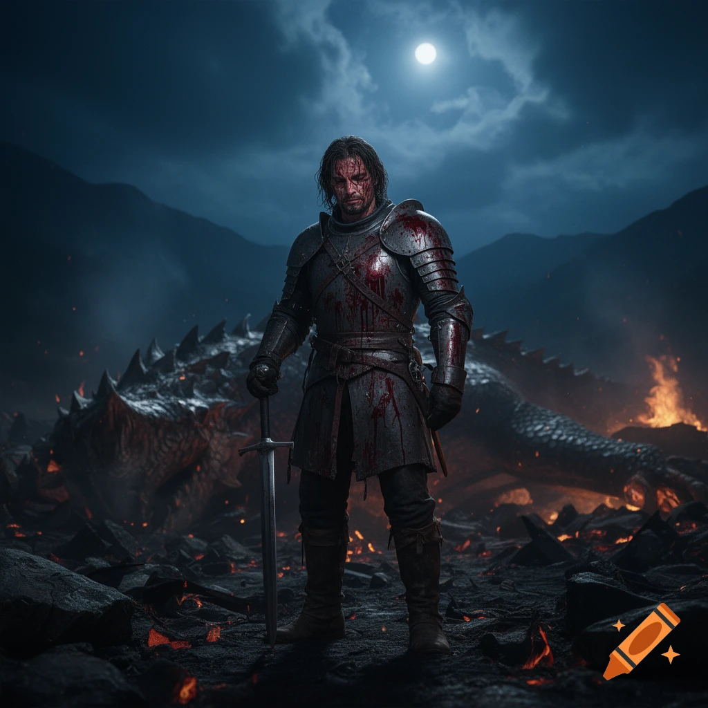 Photorealistic image of a blood-splattered knight standing over a defeated dragon under a full moon in a barren landscape.