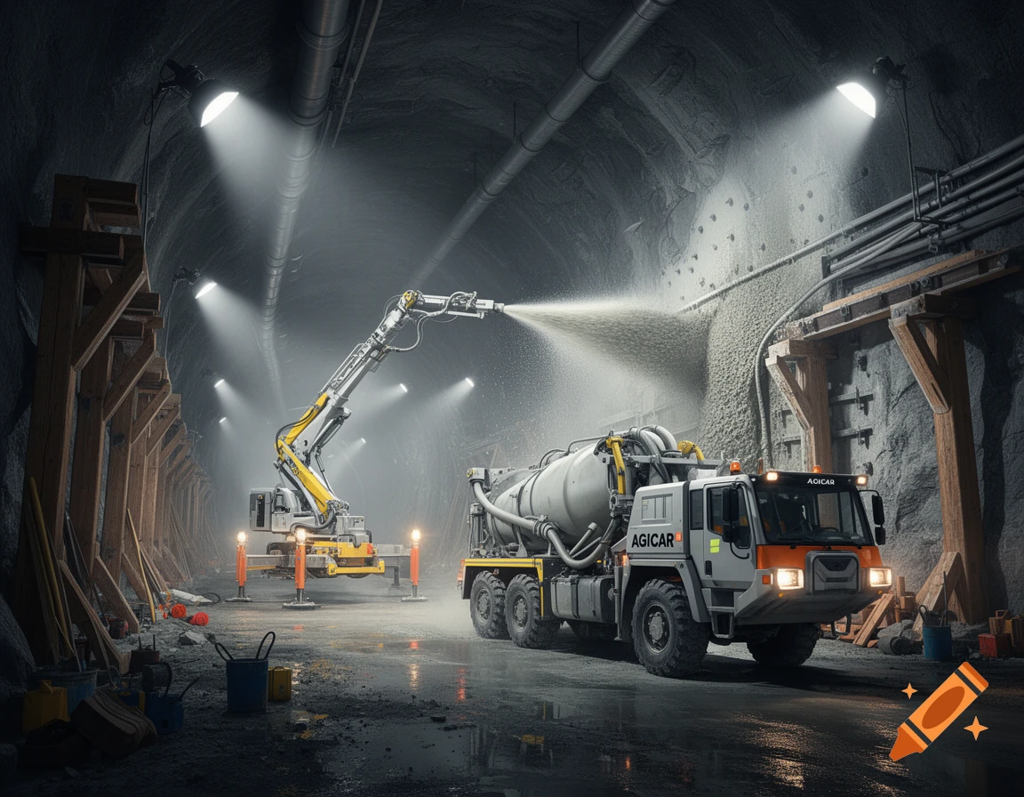 Photorealistic image of a shotcrete machine and an agicar truck spraying concrete in a dimly lit underground tunnel.