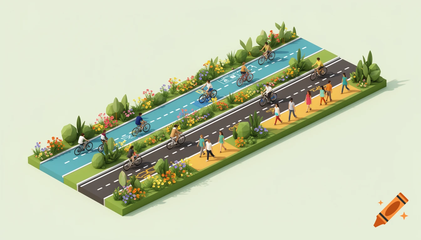 3D isometric illustration of a multi-modal road with separate lanes for bicycles and pedestrians, surrounded by flowers and vegetation.