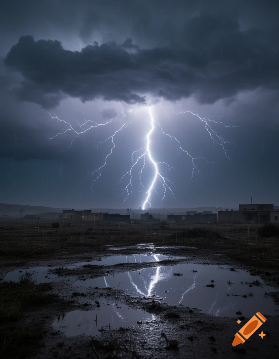 Photorealistic image of a powerful lightning strike over a rural landscape with puddles reflecting the flash.