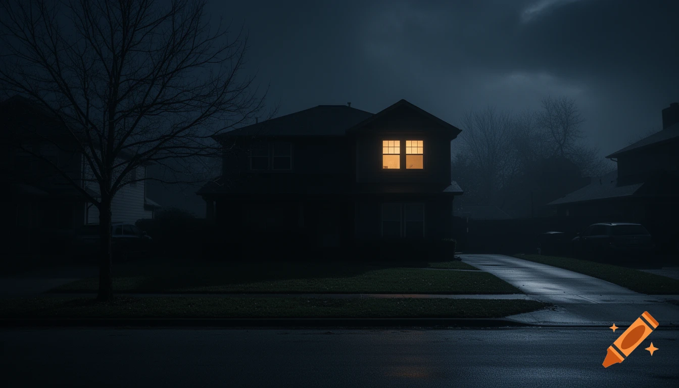 Photorealistic wide shot of a dark suburban house at night with only one window lit, under a cloudy sky.