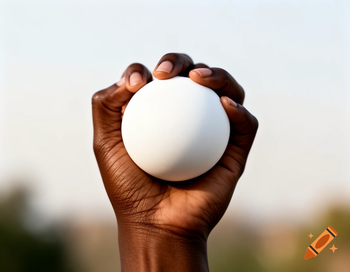 Close-up photorealistic image of a dark-skinned hand holding a solid white sphere against a blurred background.