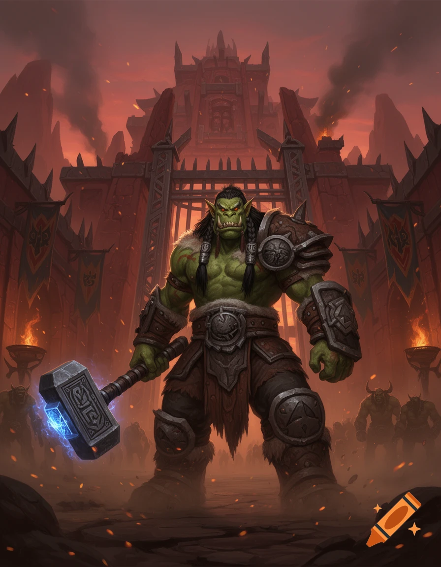 An imposing orc warrior wielding a large hammer in front of a fortress gate in a fantasy style.