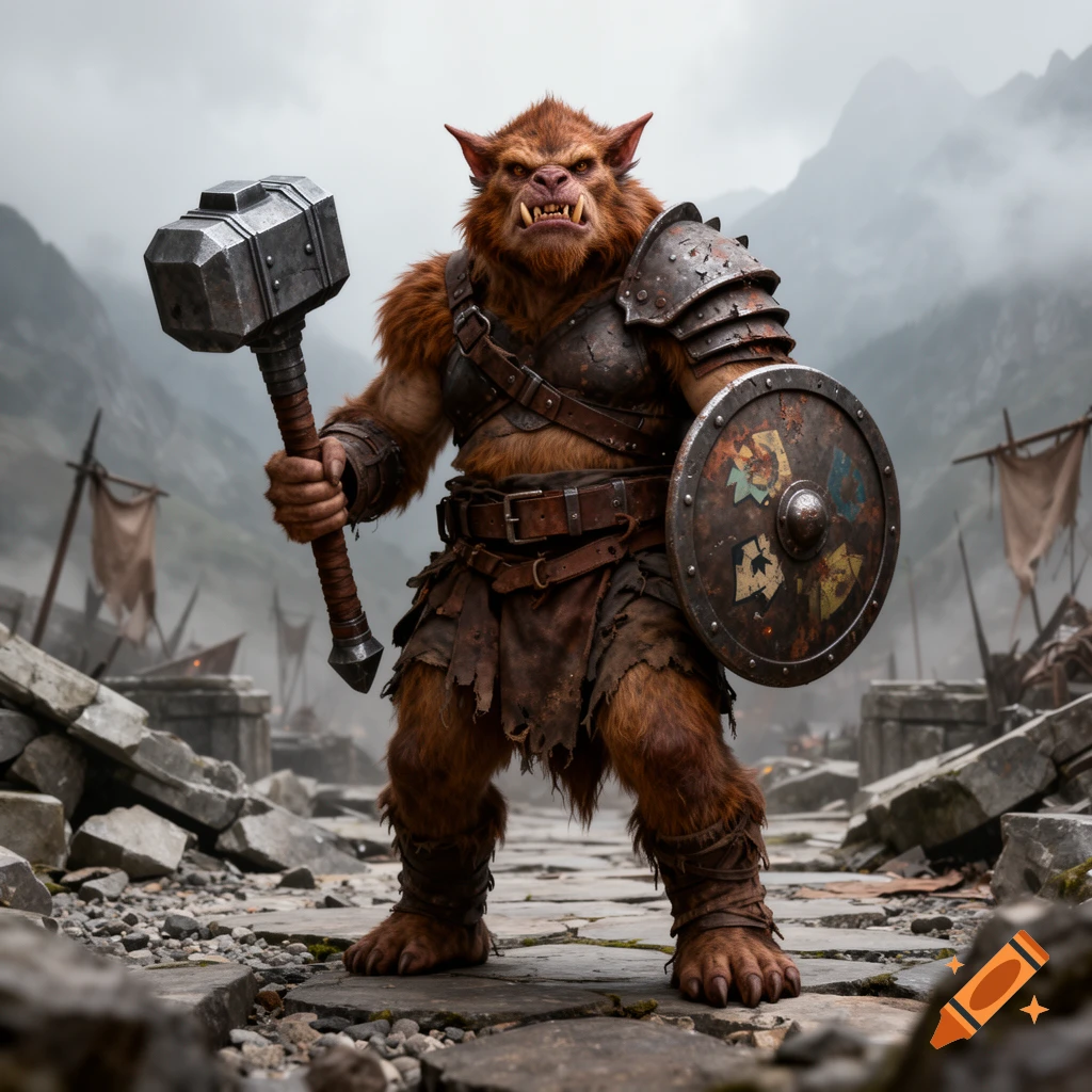 A photorealistic D&D bugbear warrior holding a large maul and a shield, standing on a ruined stone path in a foggy mountainous landscape.