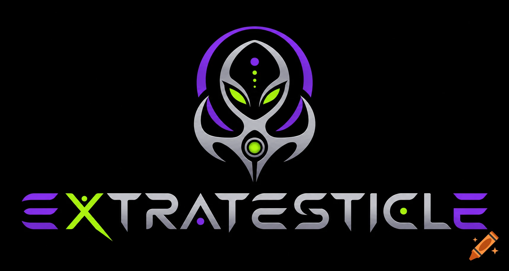 Alien-style business logo reading EXTRATESTICLE with a stylized alien head icon in purple and silver on a black background.