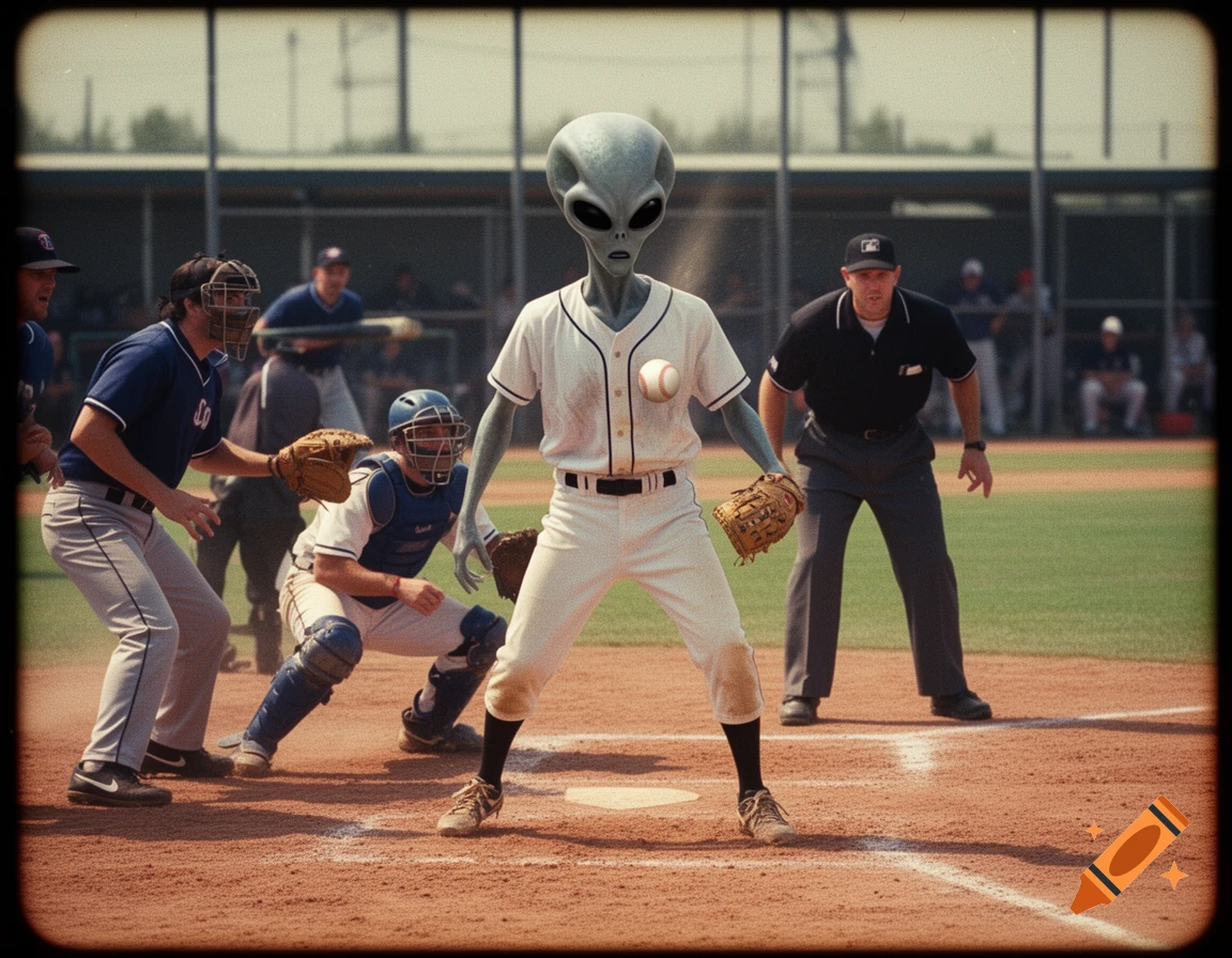 8mm still of a gray alien batter getting hit by a baseball pitch during a game.