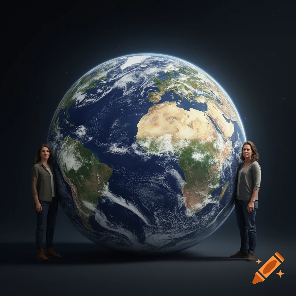 Photorealistic image of two women standing on opposite sides of a giant Earth globe in a dark space.