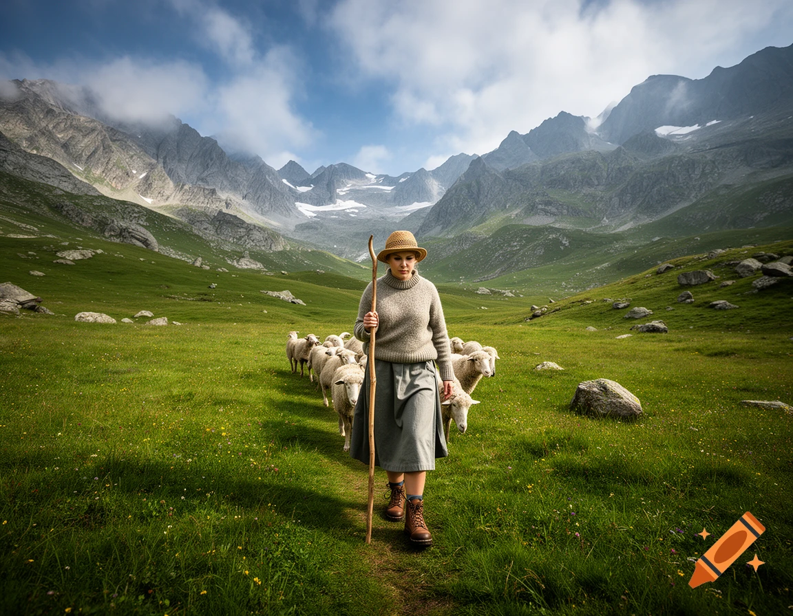 A female shepherd holding a wooden staff walking with a flock of sheep through a lush green alpine meadow with towering mountains in the background, photorealistic.