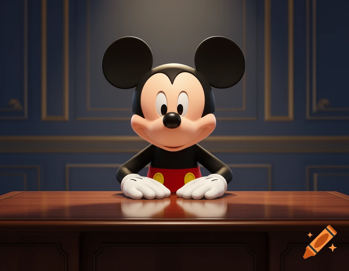 3D render of Mickey Mouse sitting behind a wooden desk with arms crossed.