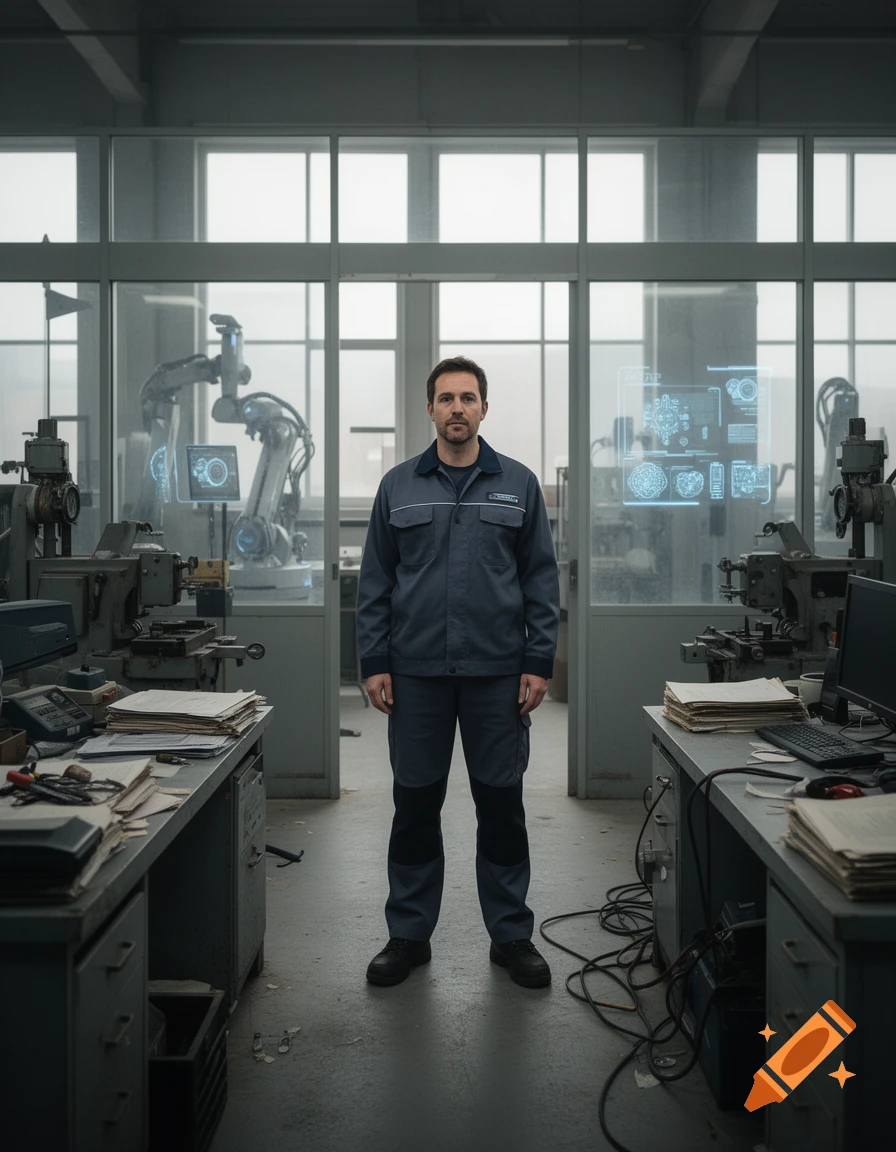 Photorealistic portrait of a factory worker in a dated industrial workshop with robotic machinery in the background.