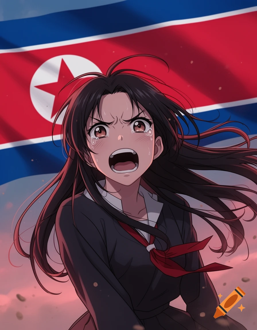 Anime style illustration of a crying, screaming girl with dark hair in front of a North Korean flag.