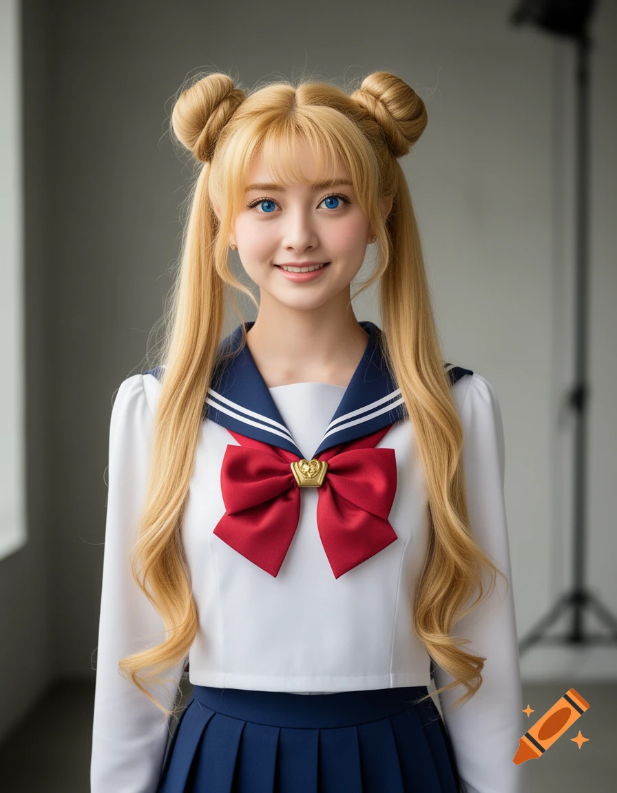 Photorealistic portrait of a young woman cosplaying as Usagi Tsukino with blonde hair buns and a sailor uniform.