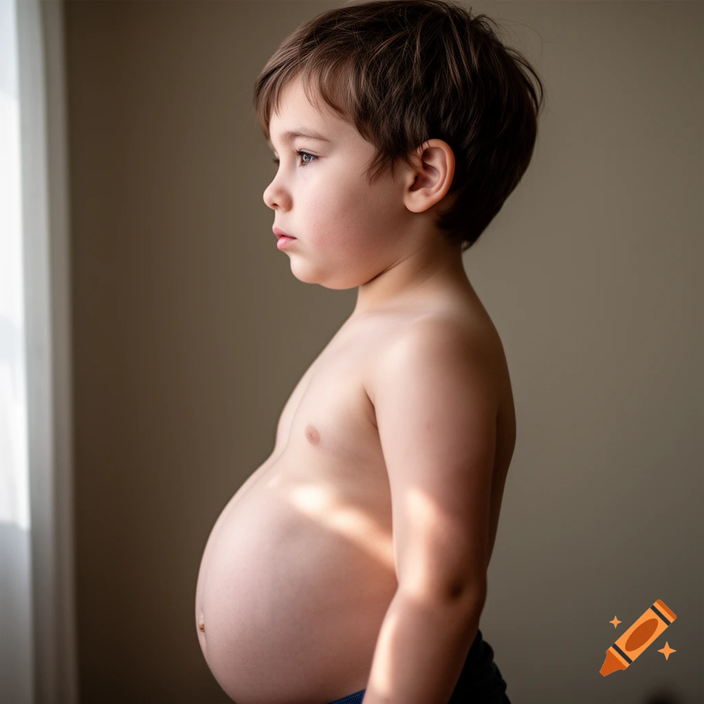Photorealistic side profile of a young boy with a distended belly looking out a window.