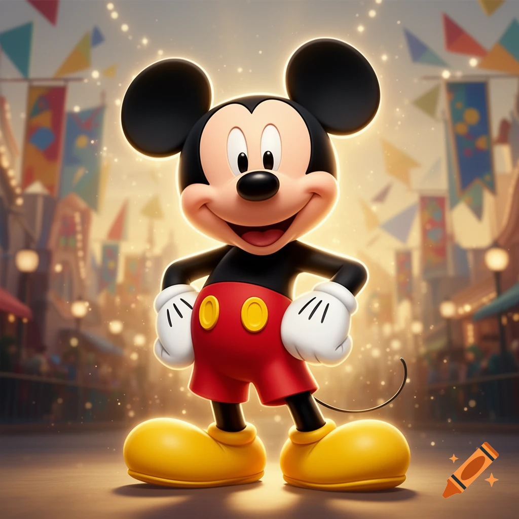 Digital illustration of Mickey Mouse standing with hands on hips against a festive background with colorful banners.