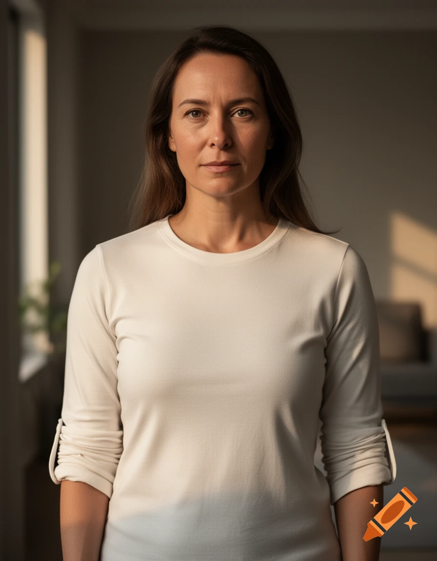 Photorealistic portrait of a woman with rolled-up sleeves standing indoors in natural light.