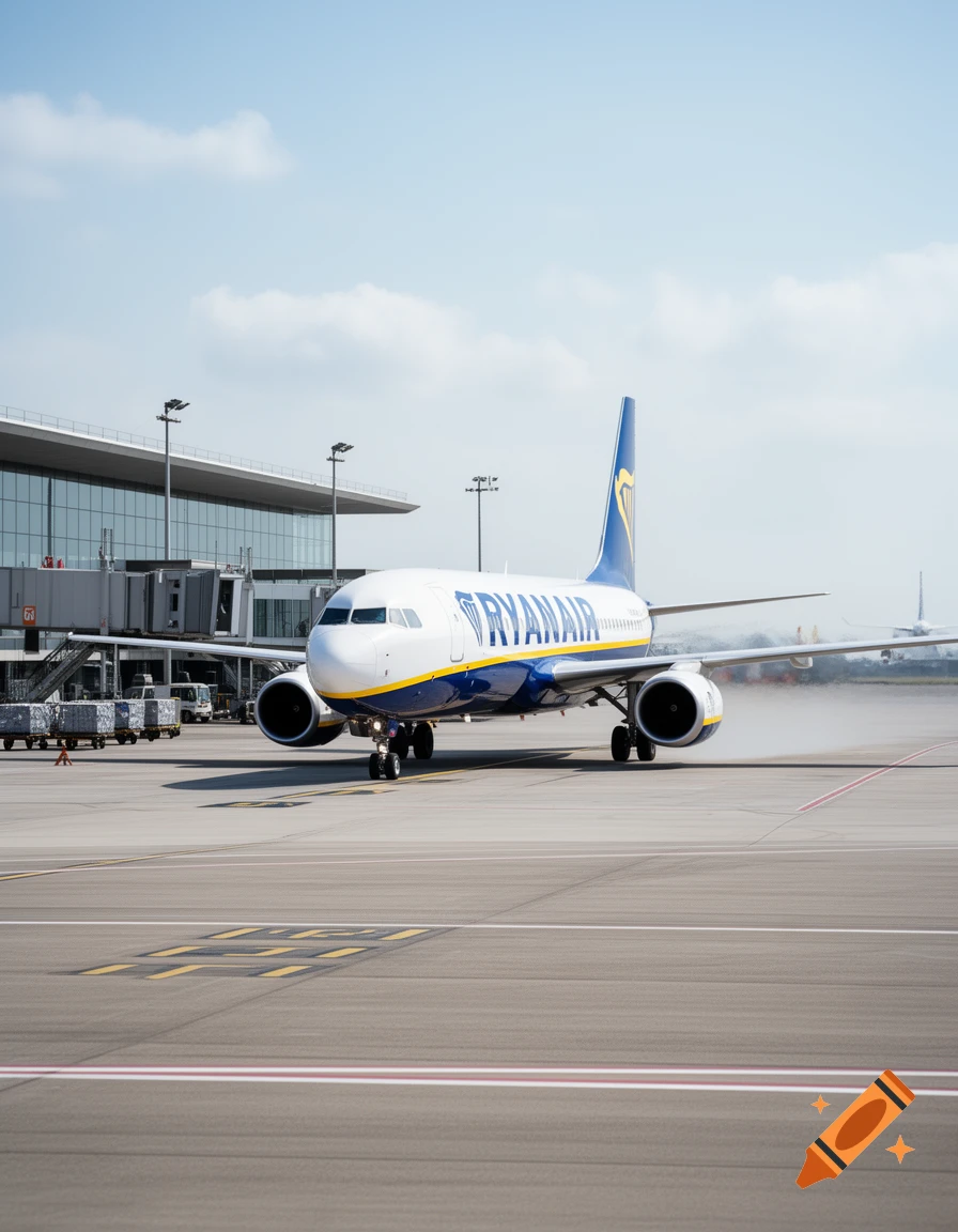 Photorealistic image of a Ryanair commercial airplane on the tarmac at an airport with a terminal building in the background.