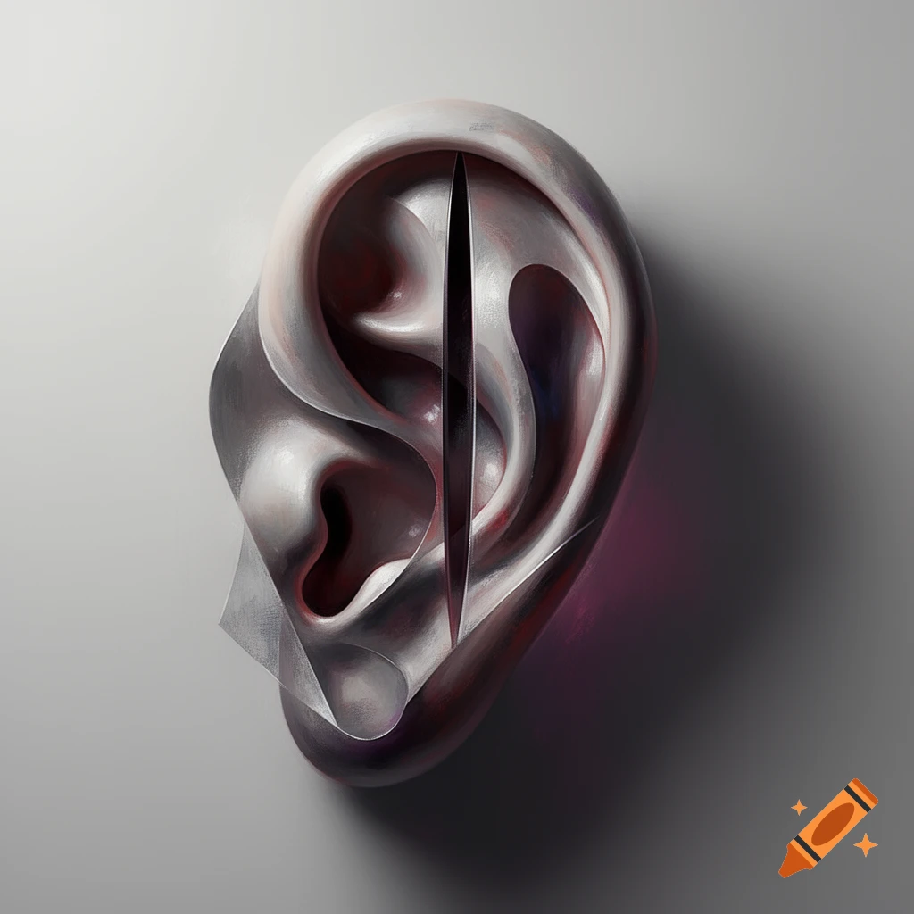 An abstract, artistic sculpture of a human ear with a vertical slit down the center, on a grey background.