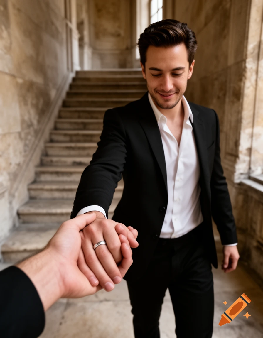 A photorealistic first-person view of holding hands with a smiling man in a black suit inside a stone hallway.