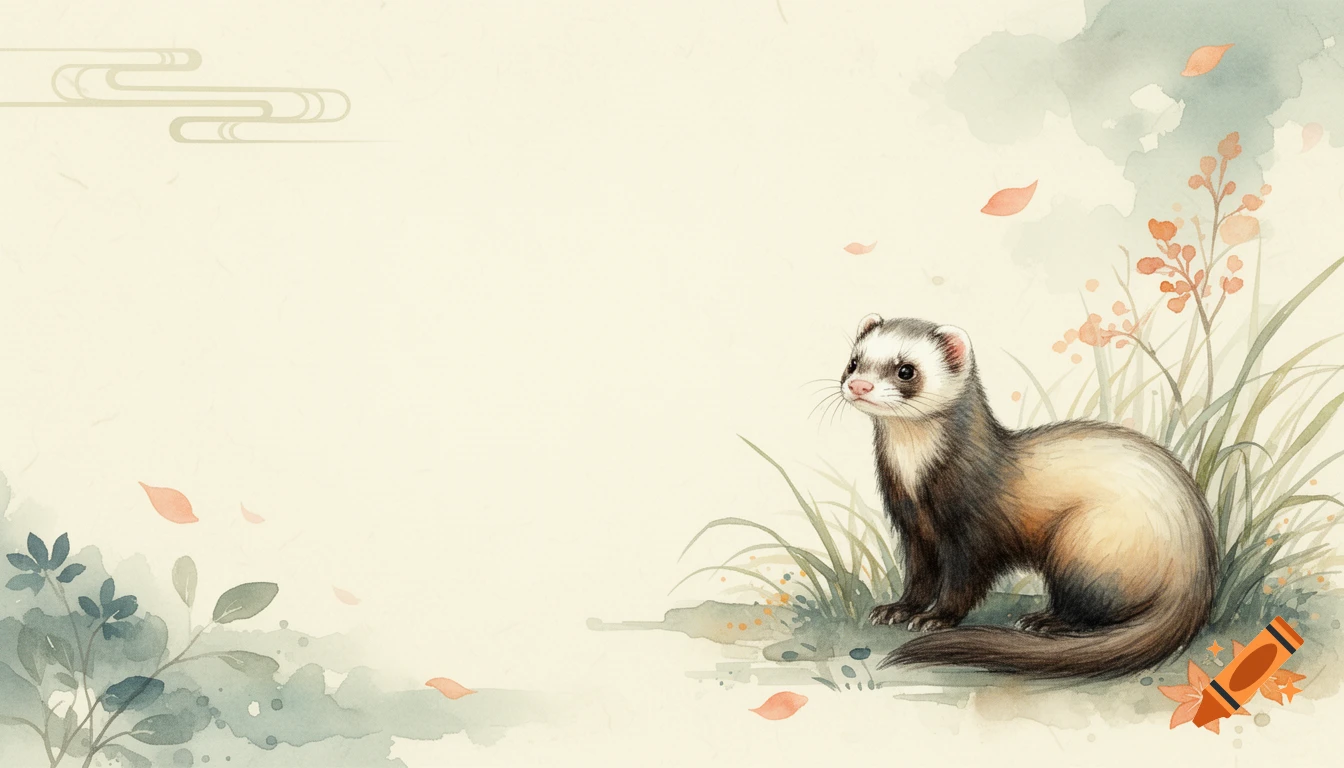 Watercolor painting of a ferret on the right side among grasses and flowers against a cream background with Japanese style cloud motifs.
