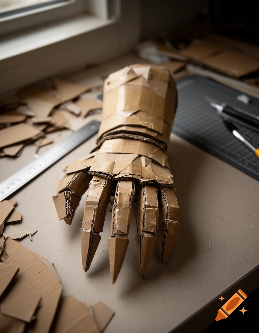 Photorealistic close-up of a clawed gauntlet made of cardboard and brown packing tape on a workshop table.