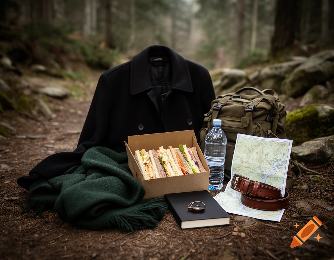 Photorealistic arrangement of a coat, sandwiches, a water bottle, a map, and other hiking gear on a forest trail.