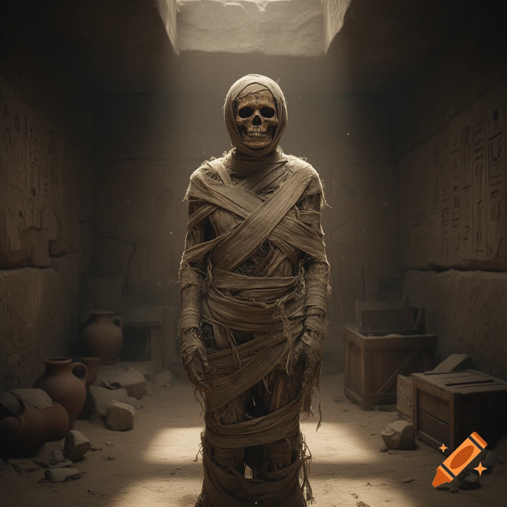 Photorealistic mummy with an exposed skull standing in an ancient Egyptian tomb.