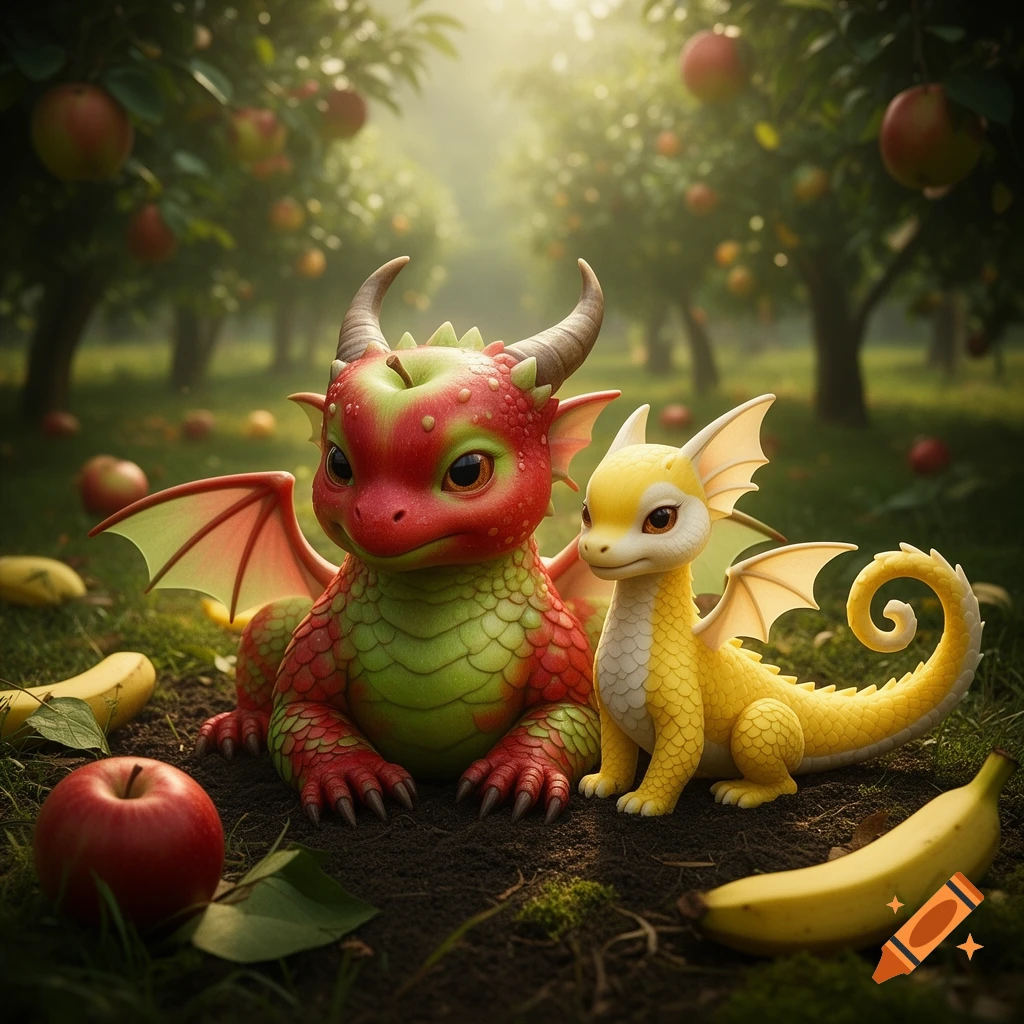 An AI-generated fantasy scene of a red apple dragon and a yellow banana dragonet sitting together in an orchard.