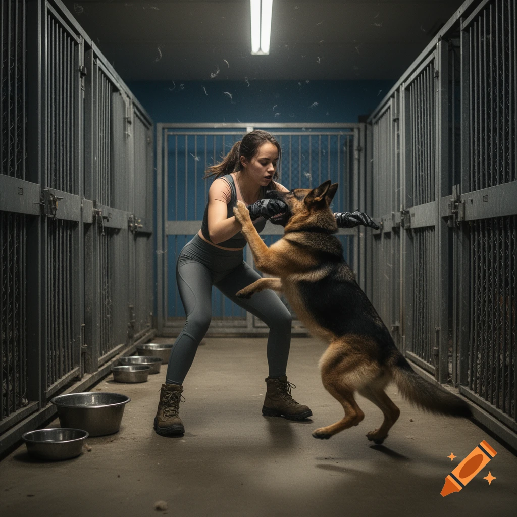A photorealistic image of a young woman in athletic wear training with an aggressive German Shepherd in a kennel.