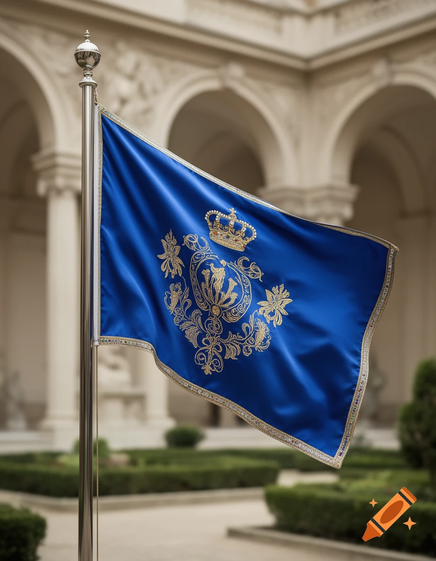 A royal blue flag with gold crest and crown emblem flying on a flagpole in front of a classical courtyard.