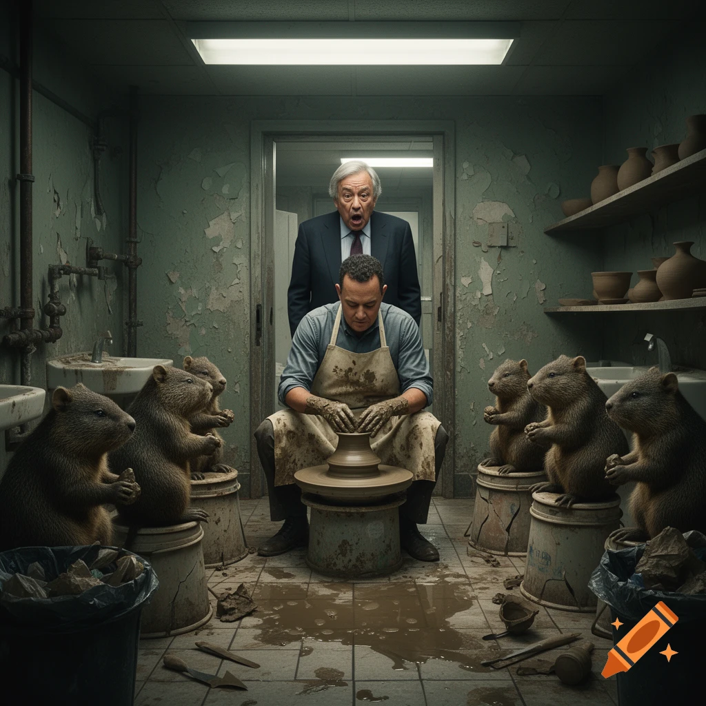 Photorealistic image of Tom Hanks teaching pottery to a group of wombats in a dirty public restroom while Antonio Guterres watches in shock from the doorway.