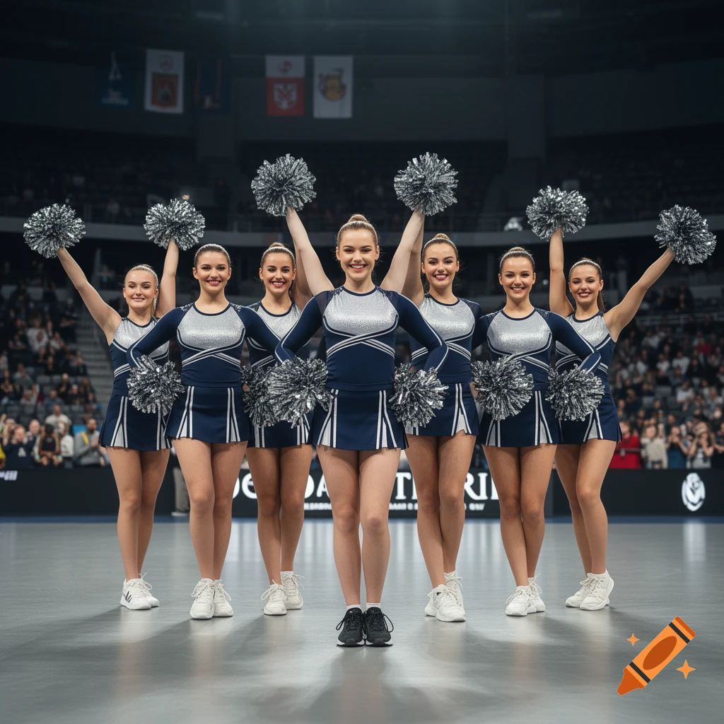 A group of seven cheerleaders in blue and silver uniforms holding pom poms inside a large arena.