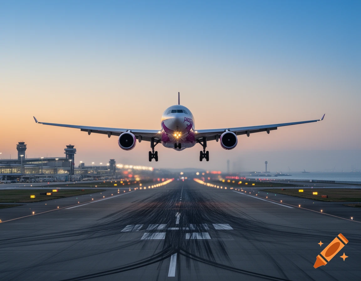 Photorealistic front view of a passenger airplane landing on a lit runway at dusk, with an airport terminal in the background.