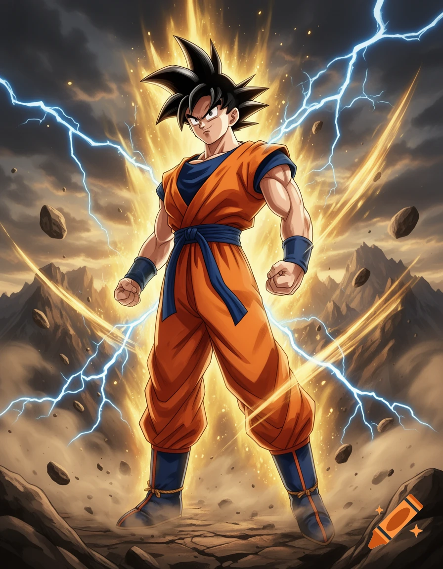 Anime style illustration of Goku in Super Saiyan form standing amid rocky mountains with lightning effects.