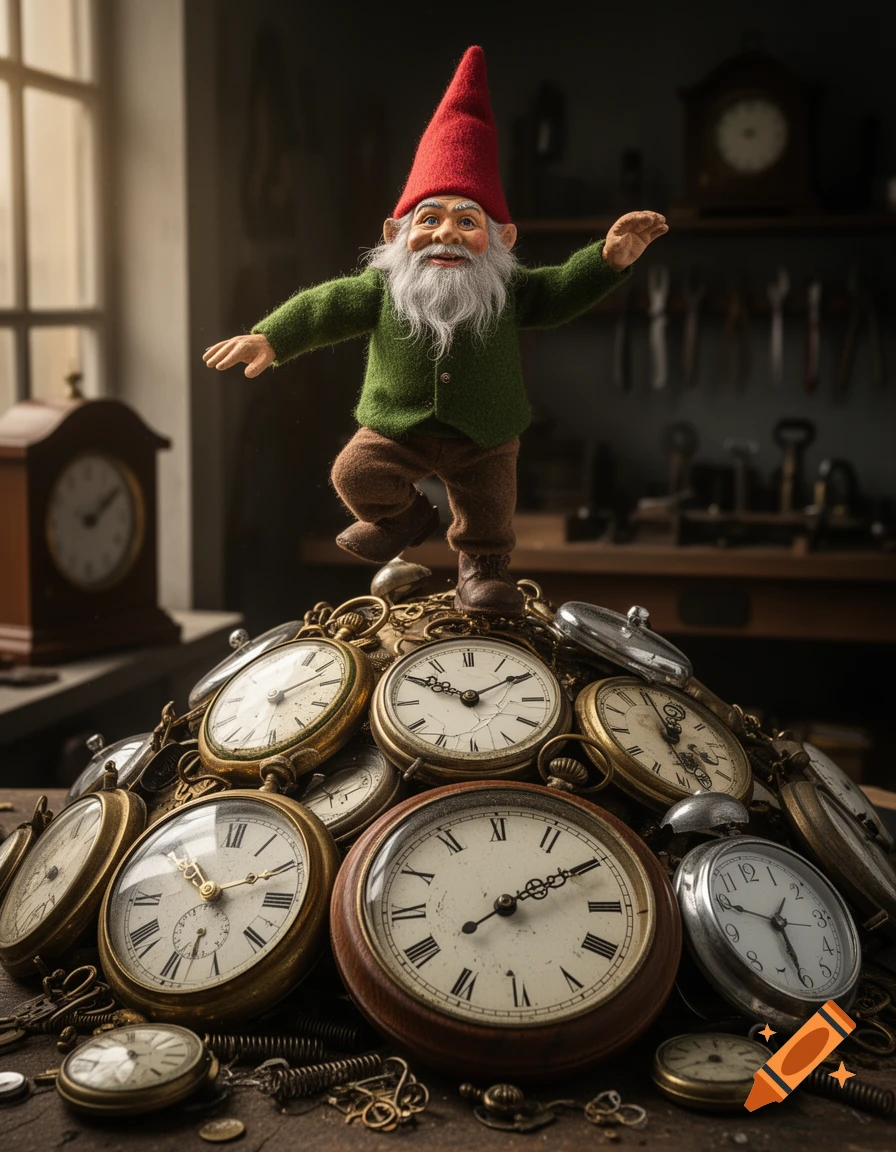 A small gnome with a red hat and green coat dancing on a pile of vintage pocket and desk clocks in a workshop.