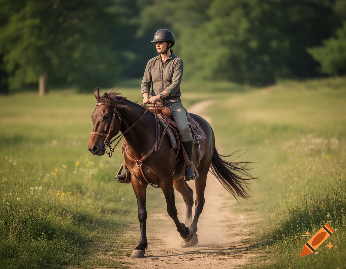 A person wearing a riding helmet and jacket rides a brown horse along a dirt path through a grassy field.