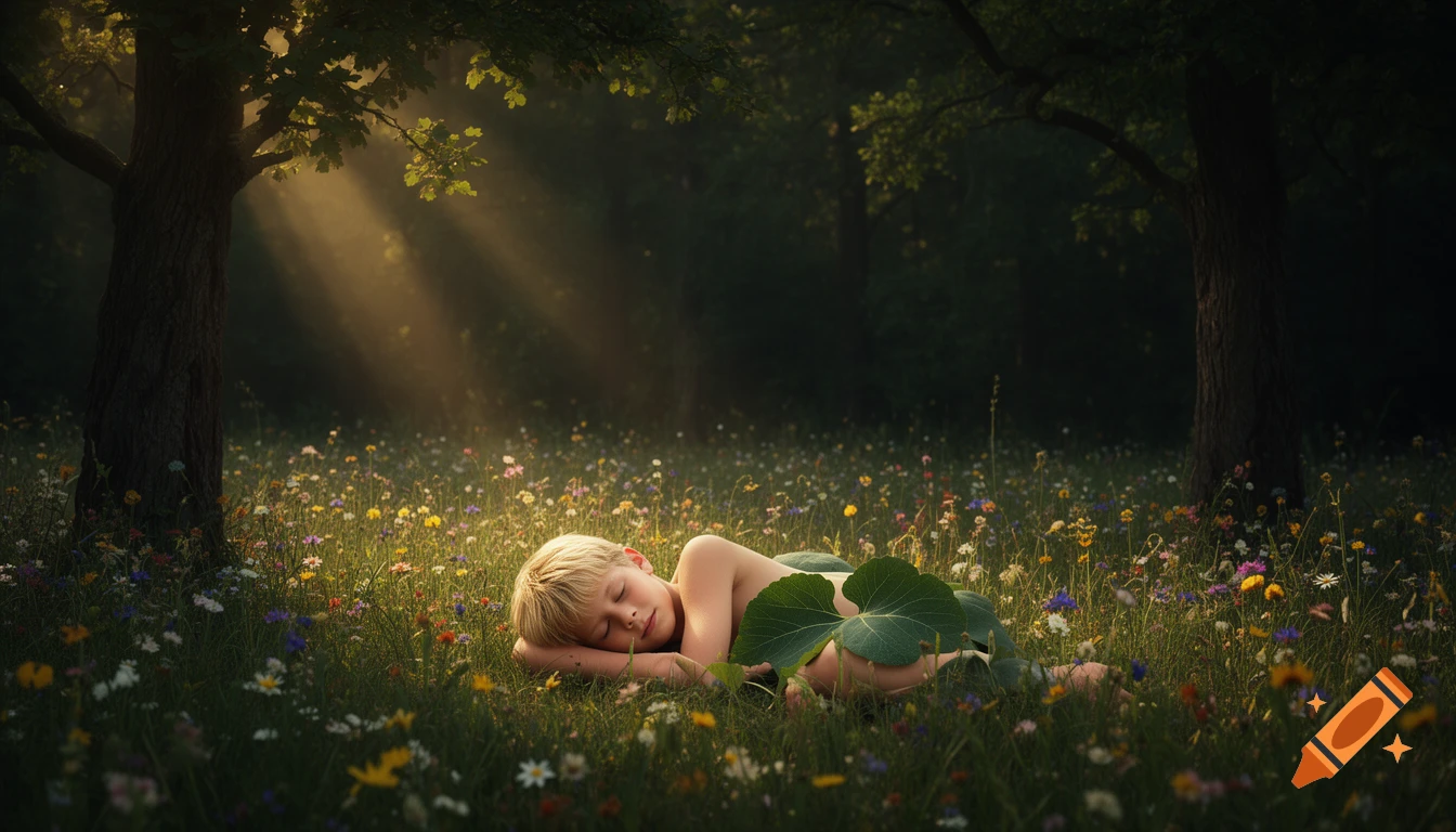 Photorealistic image of a young blond boy sleeping peacefully in a flower-filled forest clearing under sunlight filtering through trees.