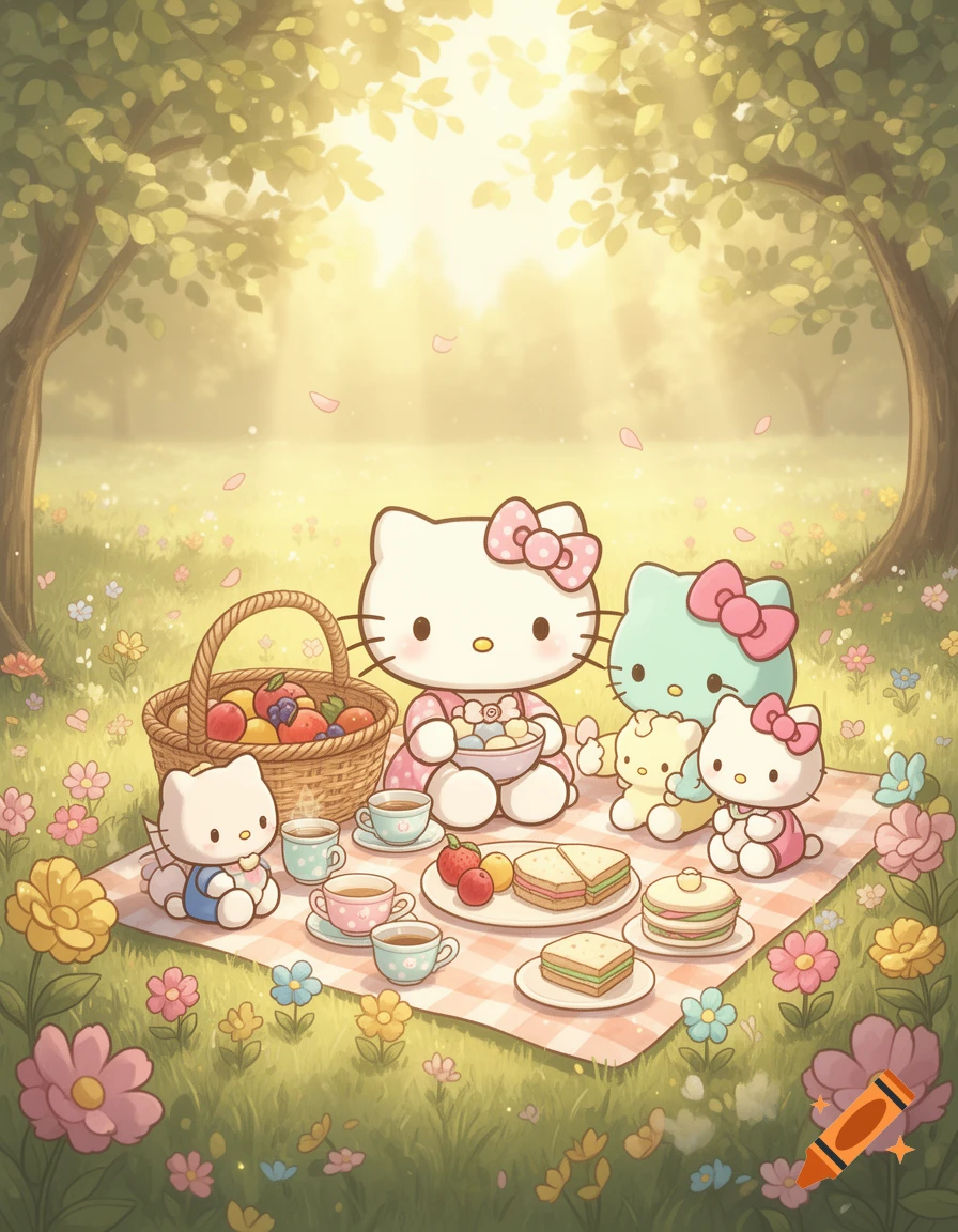 Hello Kitty and friends having a picnic in a sunny park with a basket and treats, digital illustration.