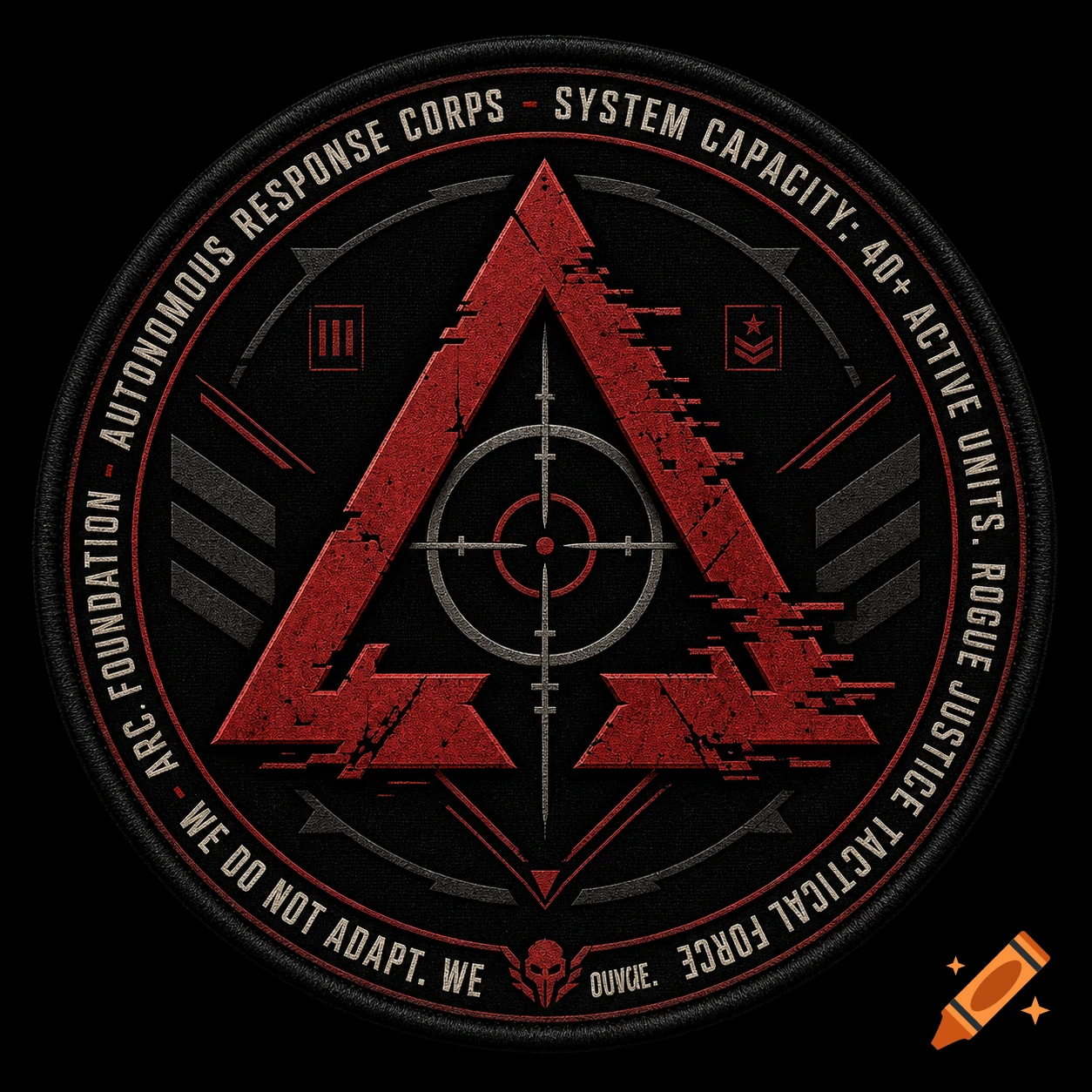 A circular tactical insurgent military patch with a red corrupted delta symbol, crosshair, and border text.