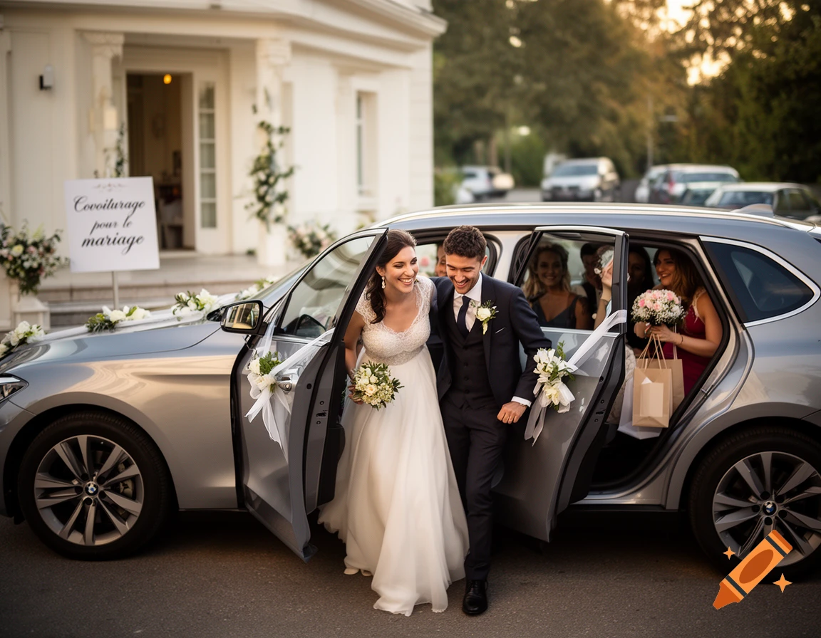 A newlywed couple stepping out of a silver car decorated with white flowers, smiling, with guests in the background.