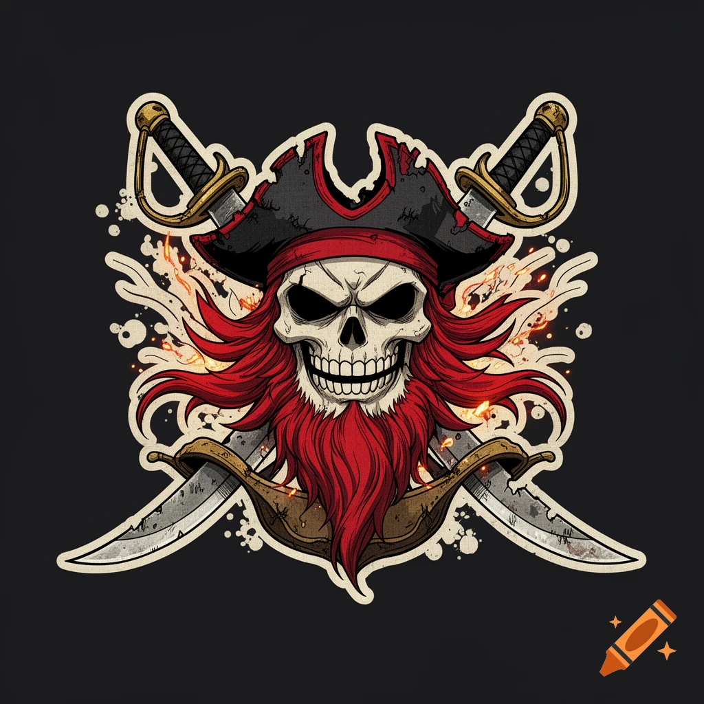 A pirate skull with red hair, a black captain's hat, and crossed swords behind it in an illustrated sticker style.
