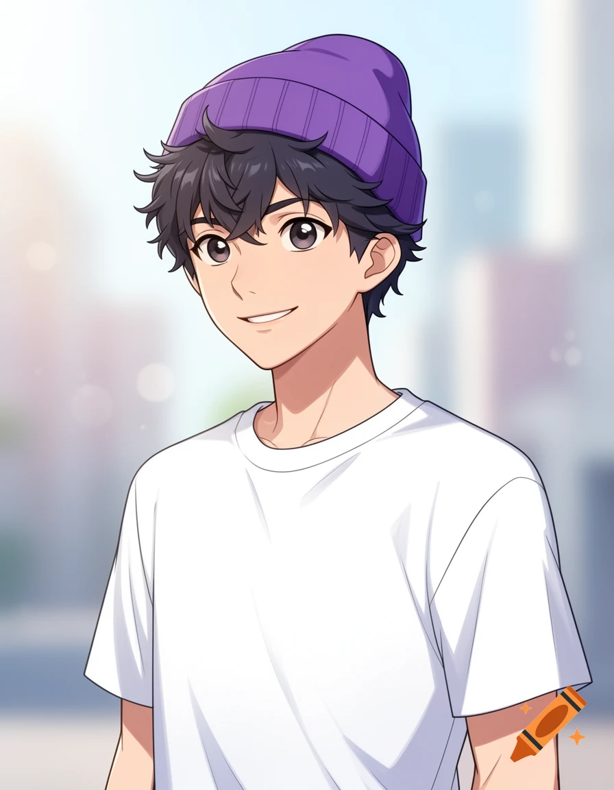 Anime style portrait of a smiling teenager wearing a purple beanie and a white t-shirt.