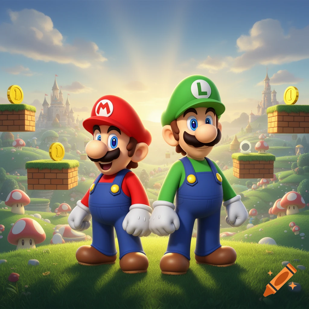 Mario and Luigi standing side-by-side in a vibrant, grassy mushroom kingdom landscape with floating blocks and coins under a bright sky.