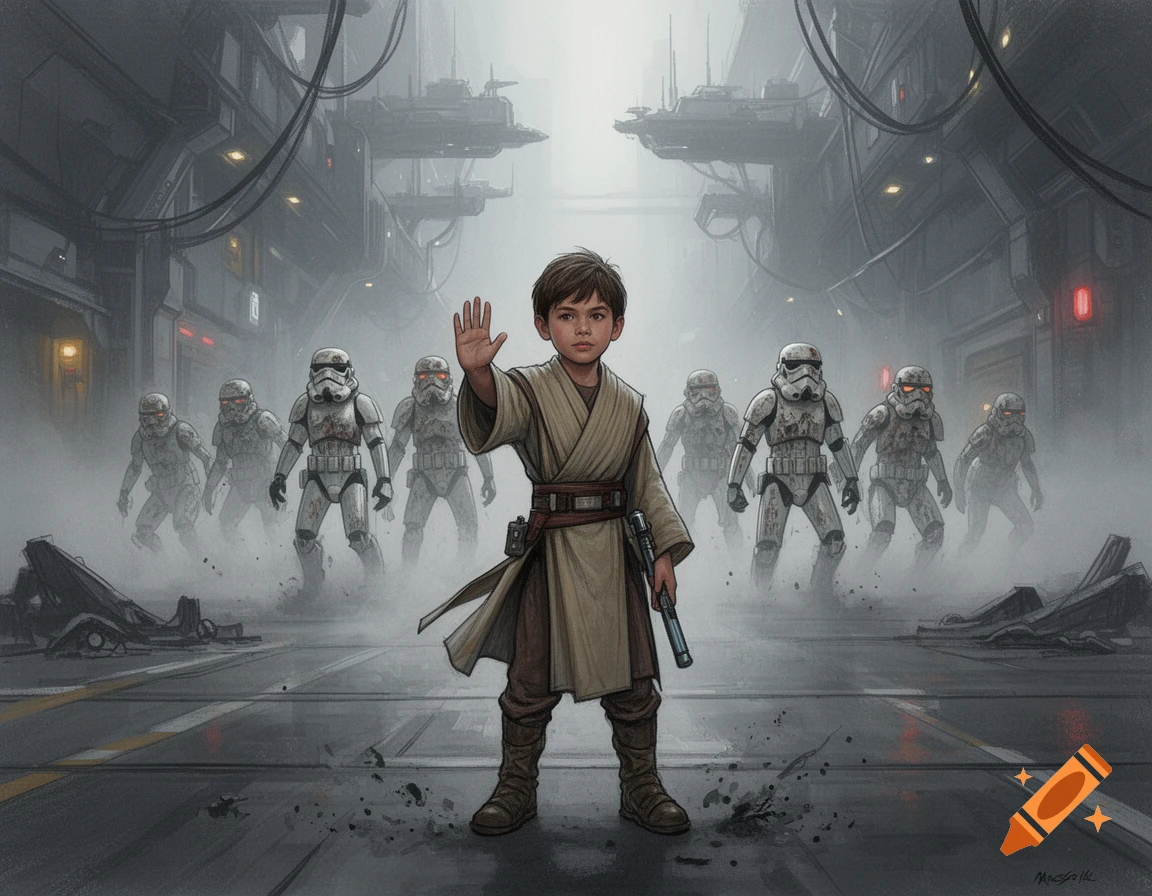 Gritty sketch style concept art of a young Padawan boy standing with a hand stop-gesture against zombie stormtroopers in a foggy hangar.
